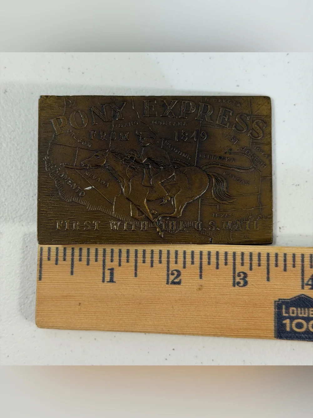 VTG PONY EXPRESS 1849 BRASS BELT BUCKLE FIRST WITH THE U.S. MAIL Map